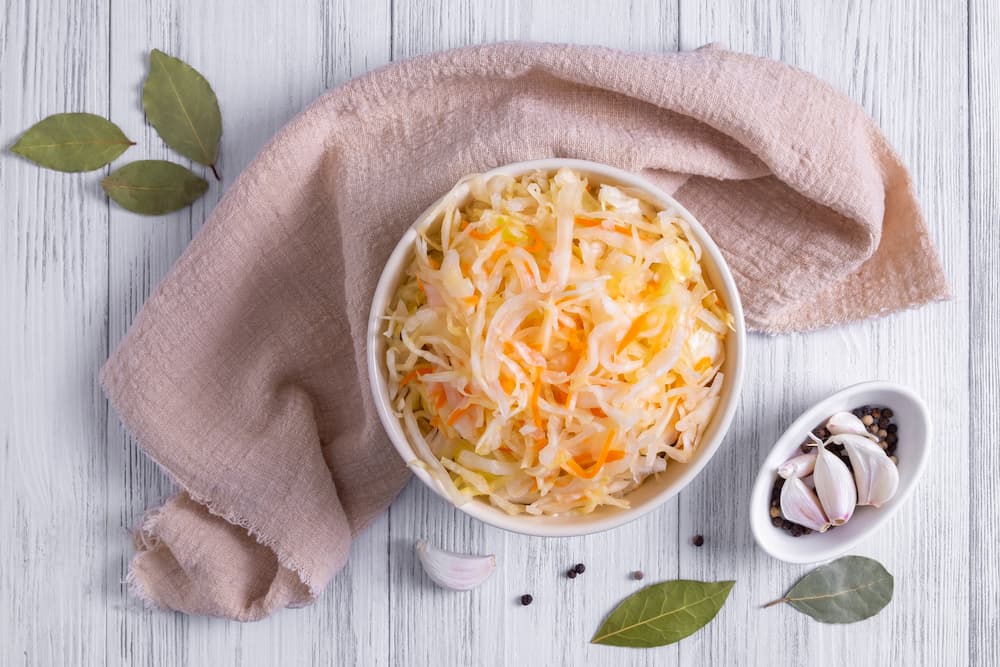 ceramic bowl with fermented sauerkraut