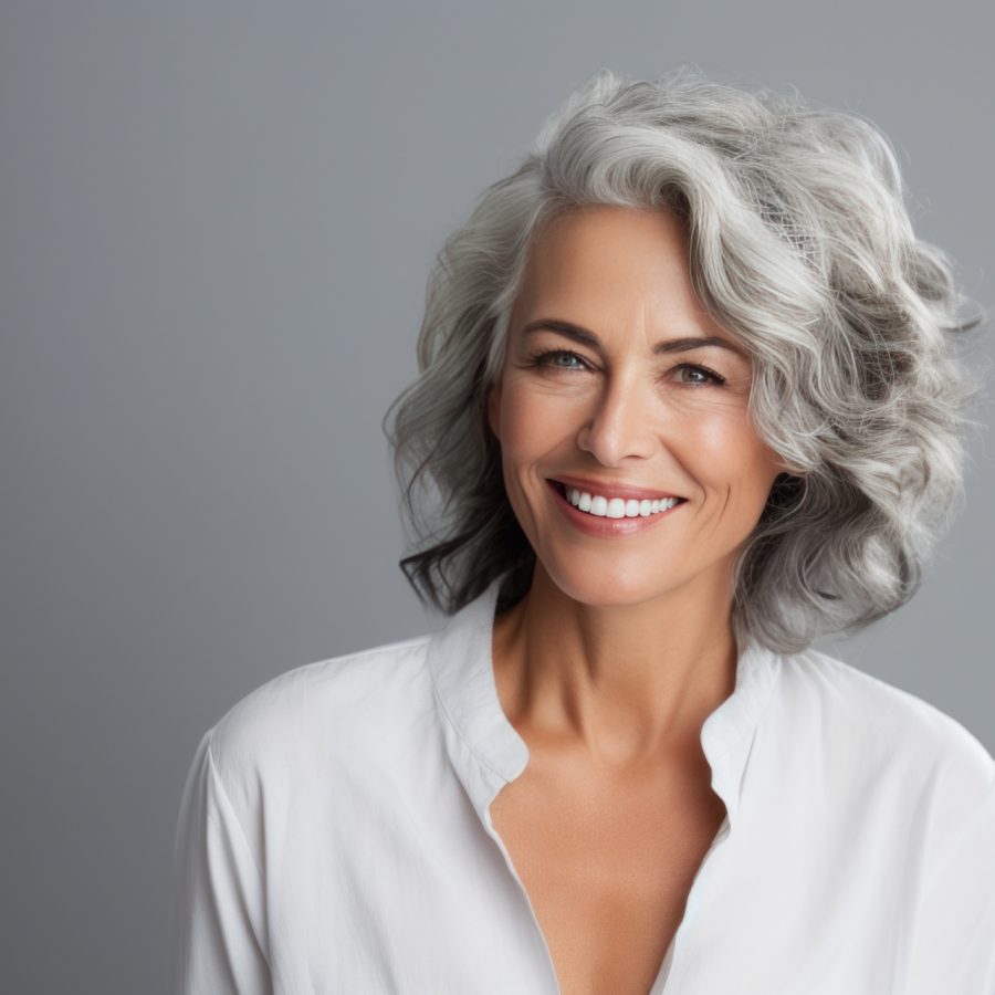 woman with grey hair smiling .